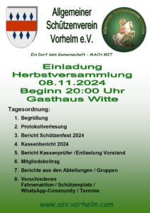 Herbstversammlung 2024 - 08.11.2024, 20 Uhr